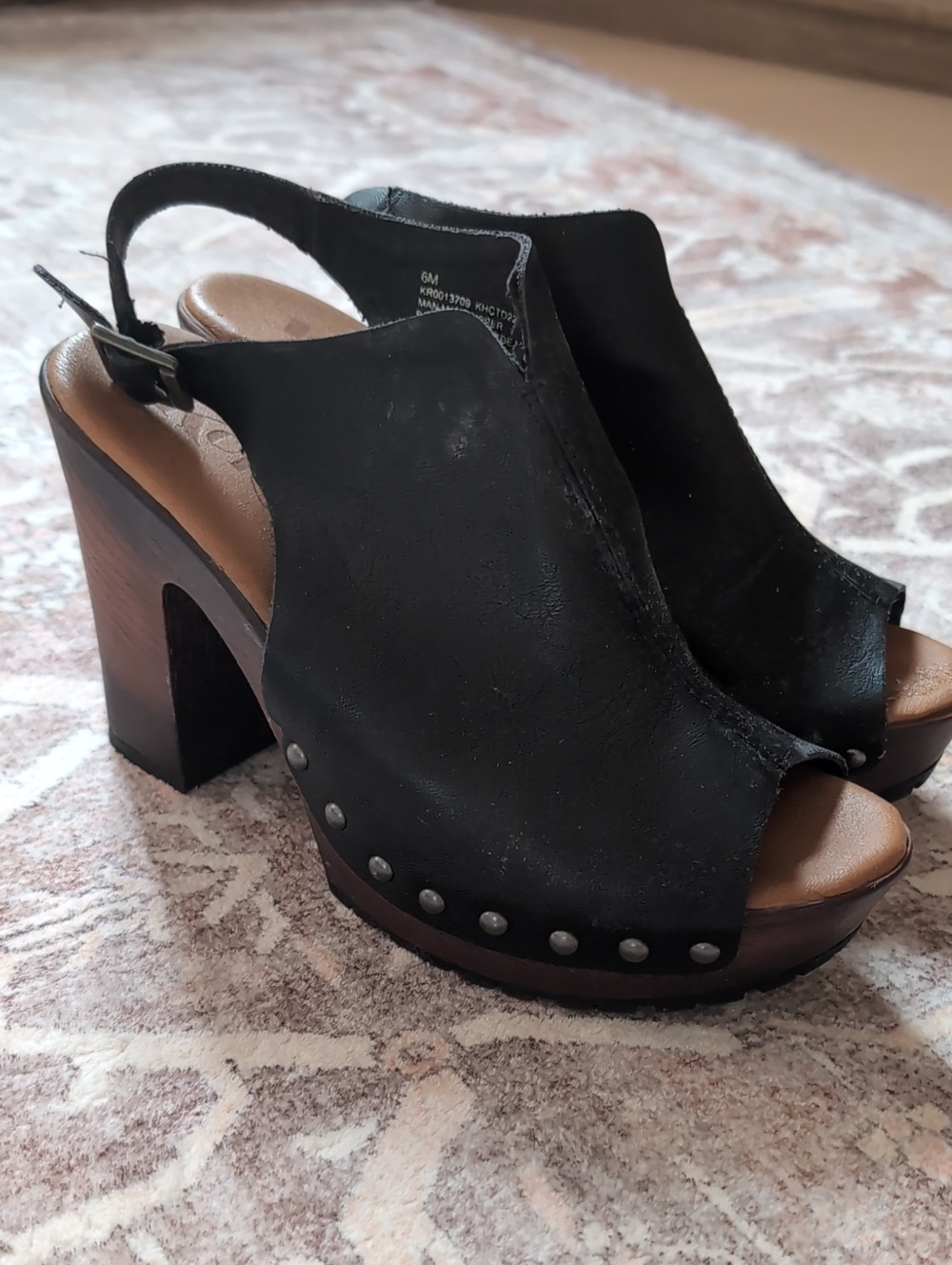 Kork-Ease Black Studded Open-Toe Slingback Platform Heels